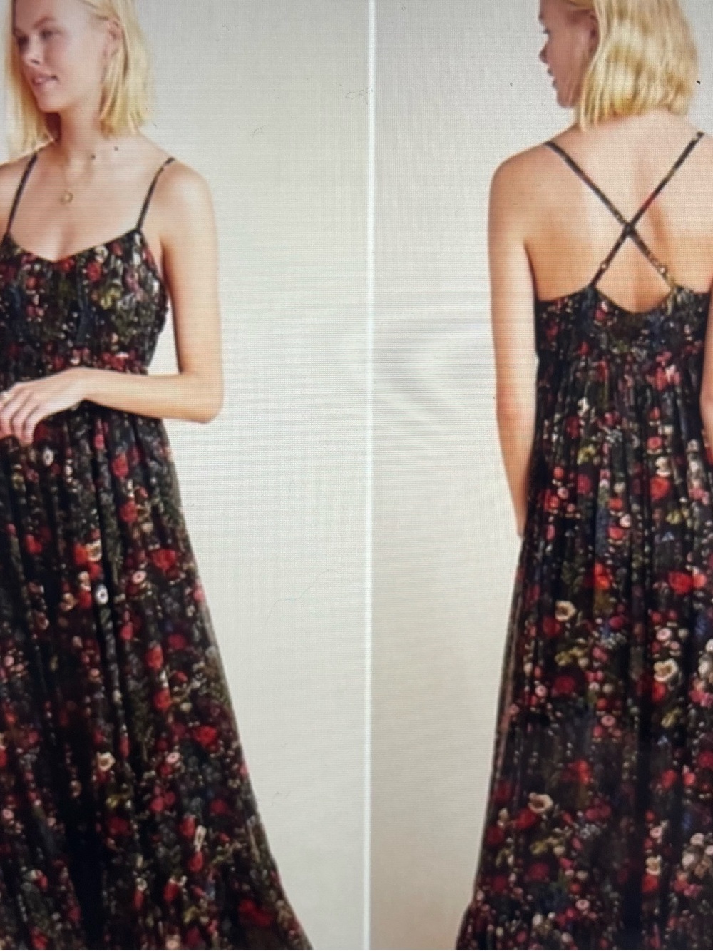Anthropologie Payal Jain Floral Black Maxi Dress with Spaghetti Straps - NWOT
